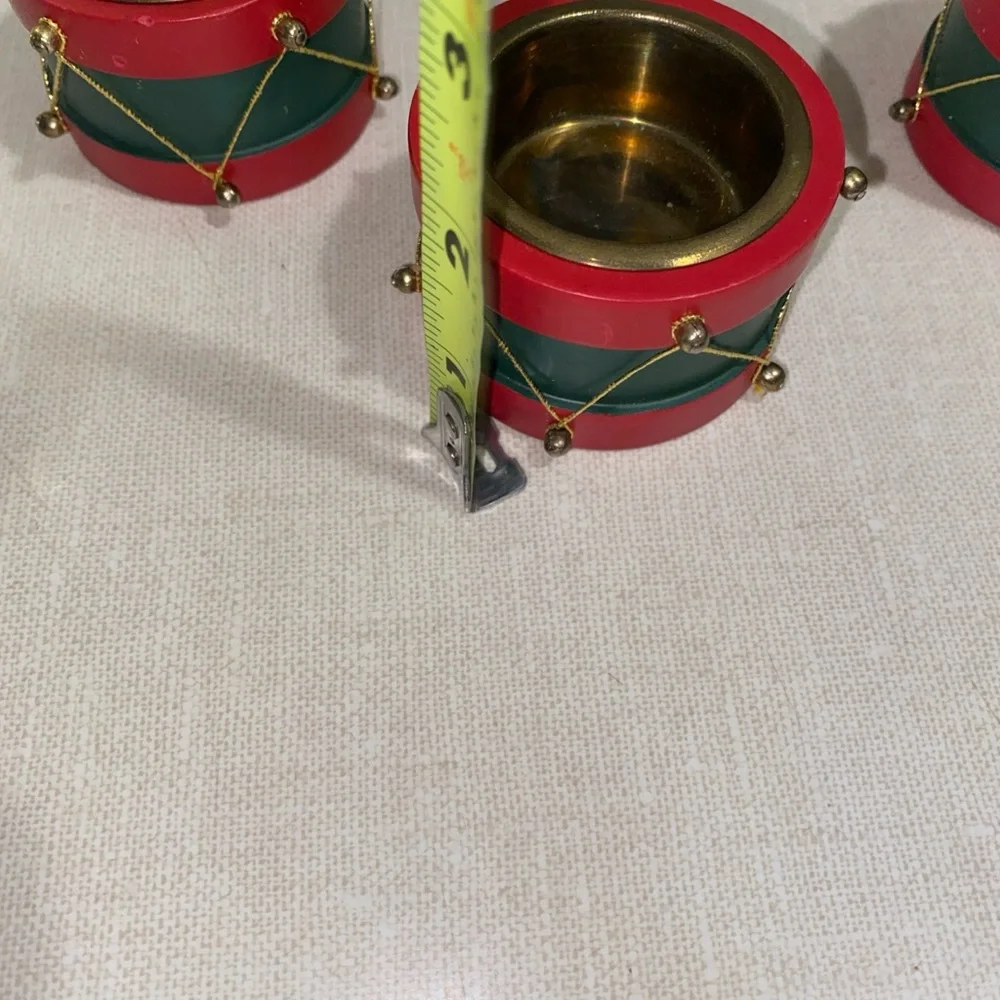 3 VTG‎  Wooden Metal Votive Candle Holders Drums  + 2 Christmas Tree Ornaments